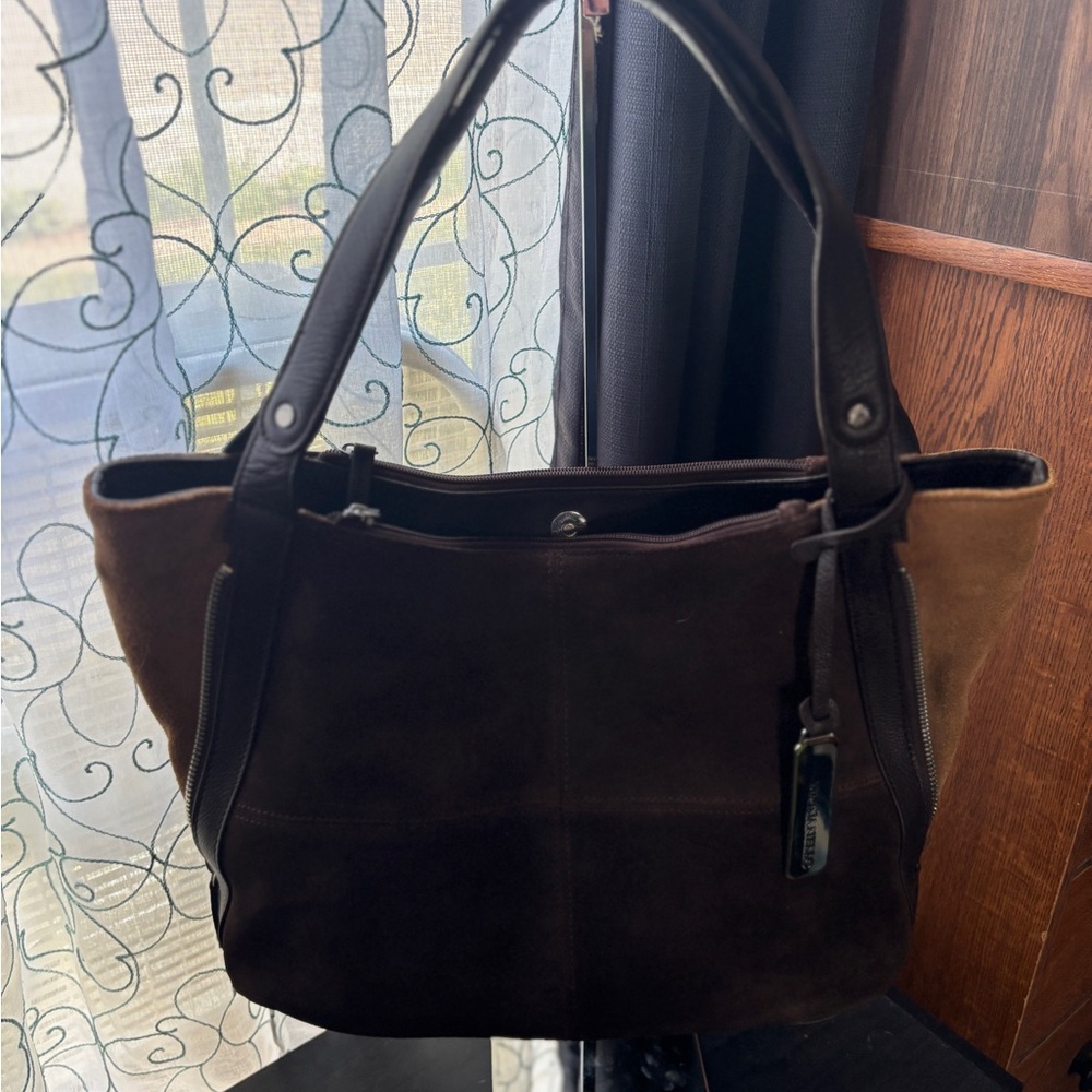 Tignanello Suede Colorblock Shopper with Side Zippers - Brown